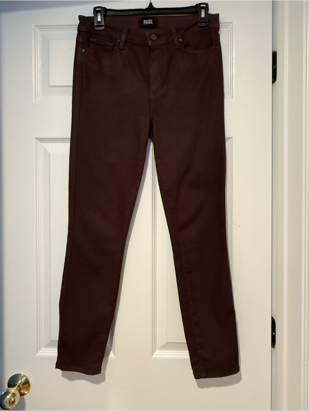 PAIGE Hoxton Ankle High Rise Skinny Coated Jeans in Burgendy Wine Color